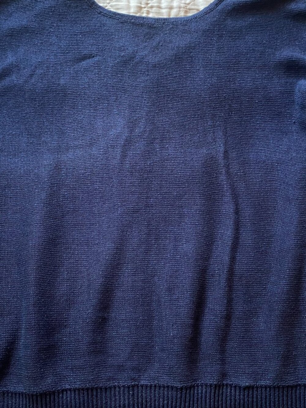 Talbots-Navy Blue Women's Knit Short Sleeve Blouse-V down back collar-Medium